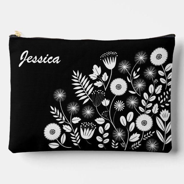 Black and White Boho Wildflower  Accessory Pouch (Front)
