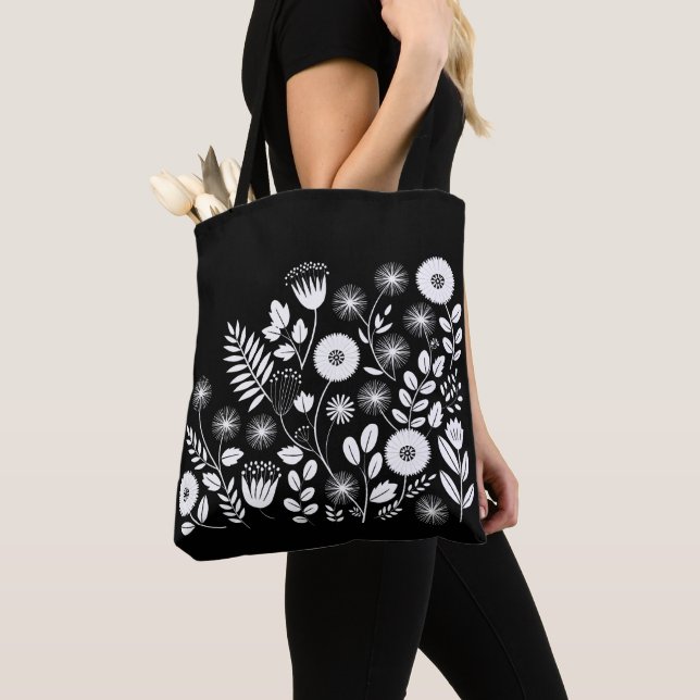 Black and White Boho Wildflower  Tote Bag (Close Up)