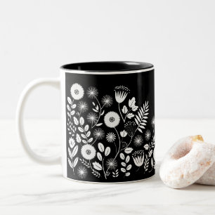 Black and White Boho Wildflower Two-Tone Coffee Mug