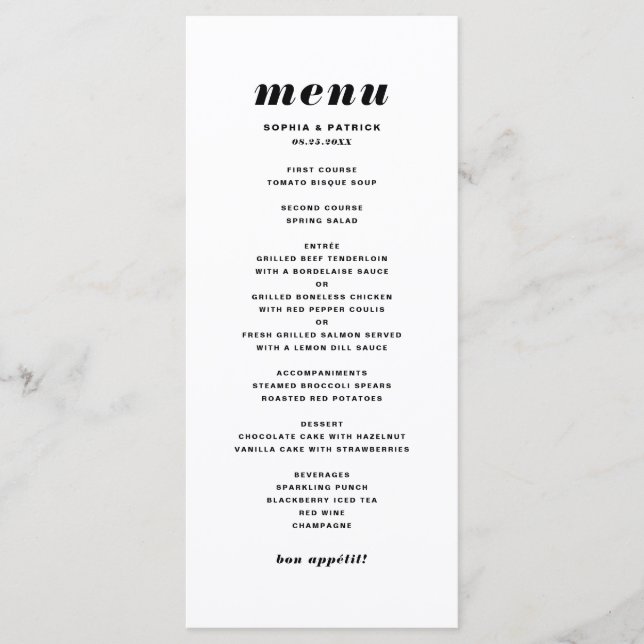 Black and White Bold Italic Typography Wedding Menu (Front)