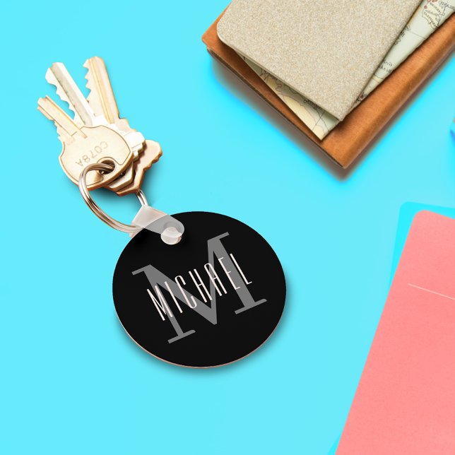 Black and White Bold Monogram Initial & First Name Key Ring (Creator Uploaded)