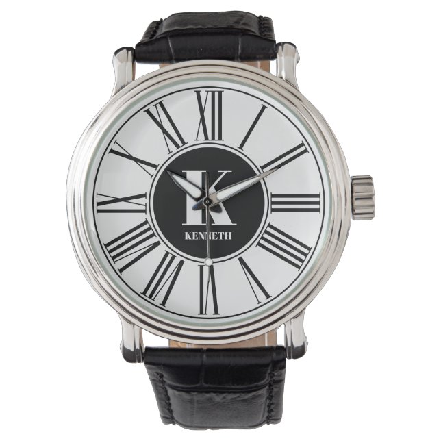 Black and White Bold Monogram Roman Numerals  Watch (Front)