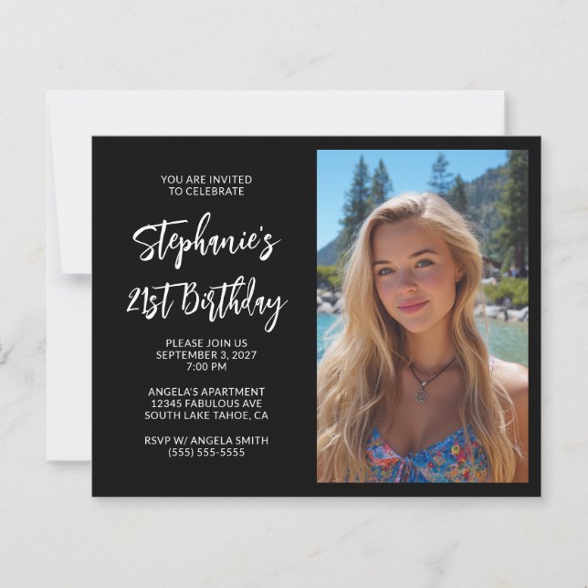 Black and White Bold Script Photo 21st Birthday (Front)