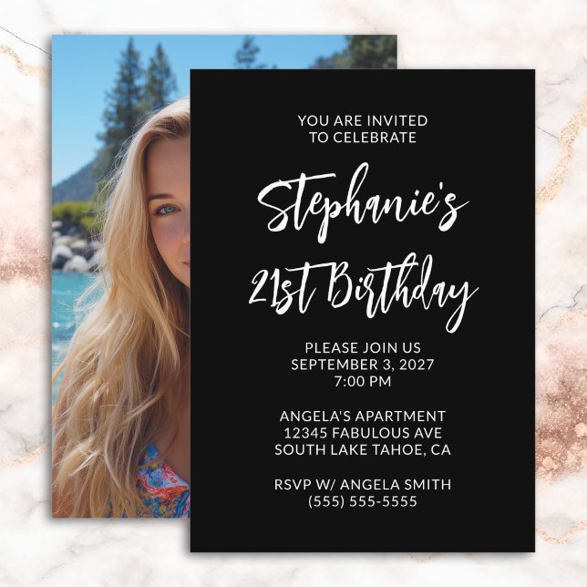 Black and White Bold Script Photo 21st Birthday Invitation (Black and White Bold Script Photo 21st Birthday Invitation)