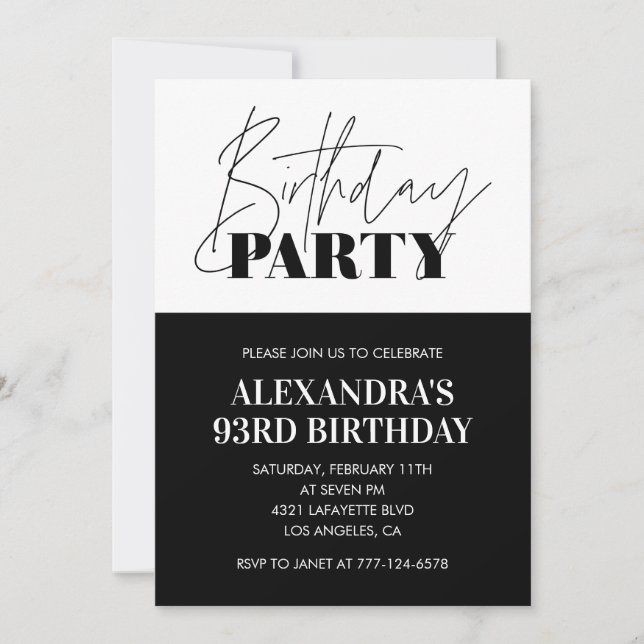 Black and White Bold Typography 93rd birthday Invitation (Front)