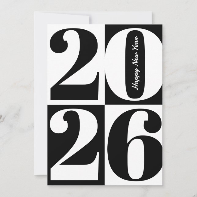 Black and White Bold Year Blocks Happy New Year Holiday Card (Front)