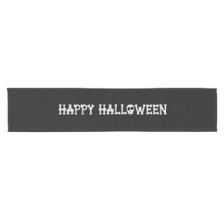 Black and White Bony Skull Happy Halloween Short Table Runner