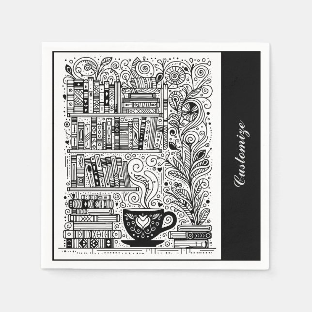 Black And White Bookshelves Doodle Napkin (Front)