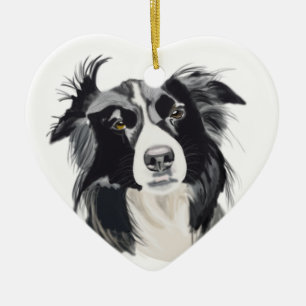 Black and White Border Collie Ceramic Heart New Tree Decoration