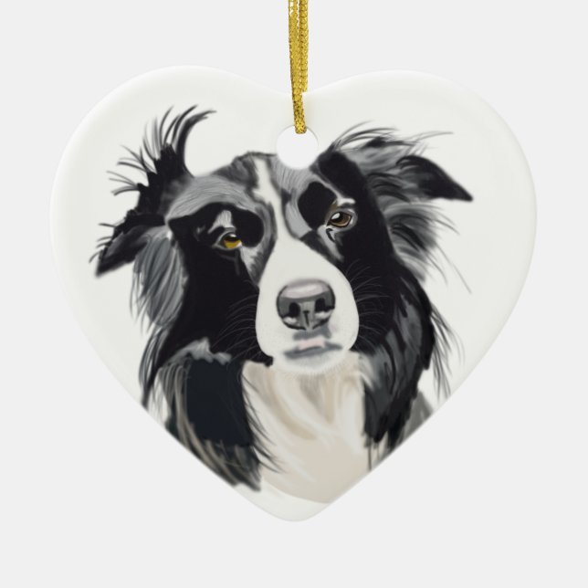 Black and White Border Collie Ceramic Heart New Tree Decoration (Front)