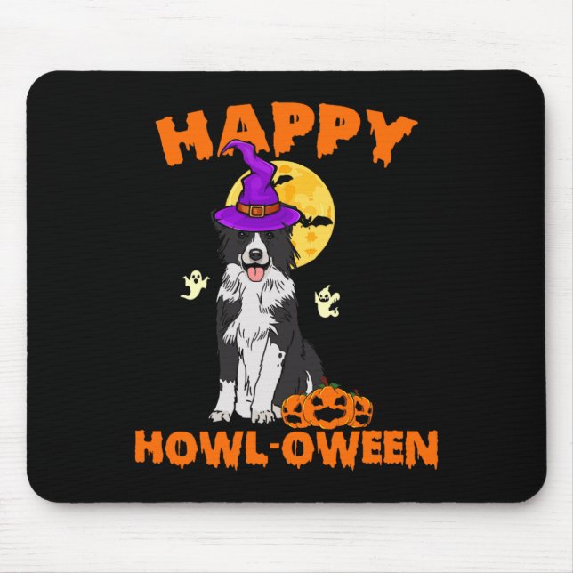 Black And White Border Collie Dog Witch Happy Mouse Mat (Front)