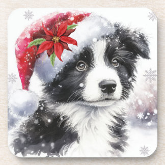 Black and White Border Collie Hard plastic coaster