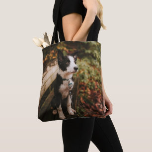 Black and White Border Collie on Park Bench Tote Bag