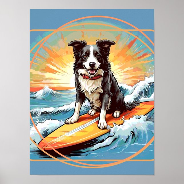 Black and White Border Collie Surfing Poster (Front)