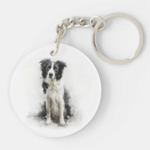 Black and White Border Collie Watercolor Art Key Ring