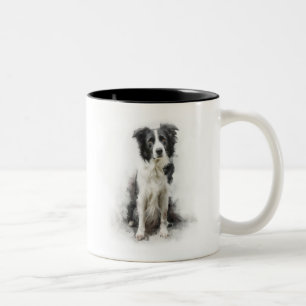 Black and White Border Collie Watercolor Art Two-Tone Coffee Mug