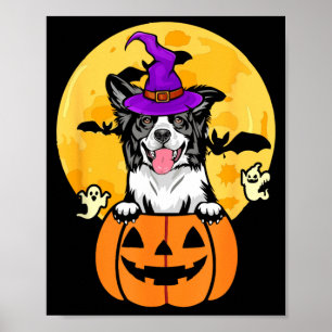 Black And White Border Collie Witch Dog Halloween Poster