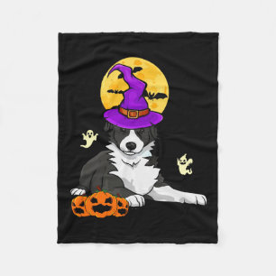 Black And White Border Collie Witch Halloween Fleece Blanket