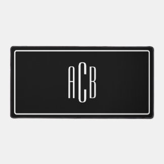 Black and White Border Three Letter Blue Monogram Desk Mat
