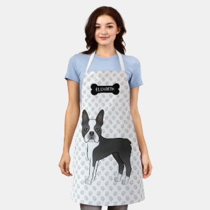 Black And White Boston Terrier Cartoon Dog & Name Apron