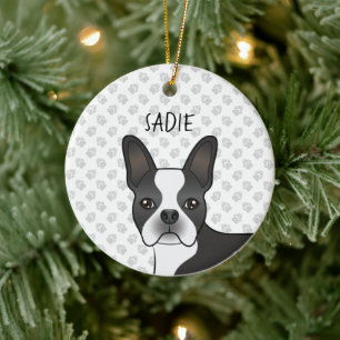 Black And White Boston Terrier Cartoon Dog & Name Ceramic Tree Decoration
