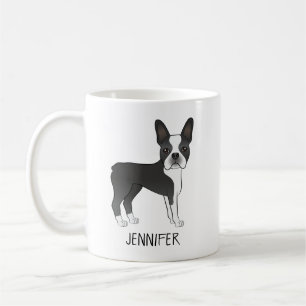 Black And White Boston Terrier Cartoon Dog & Name Coffee Mug
