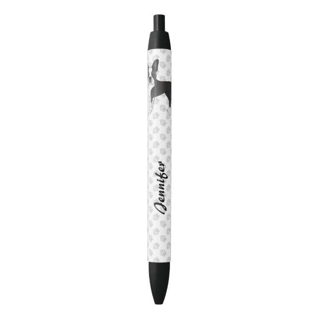 Black And White Boston Terrier Cartoon Dog & Name Ink Pen (Front Vertical)
