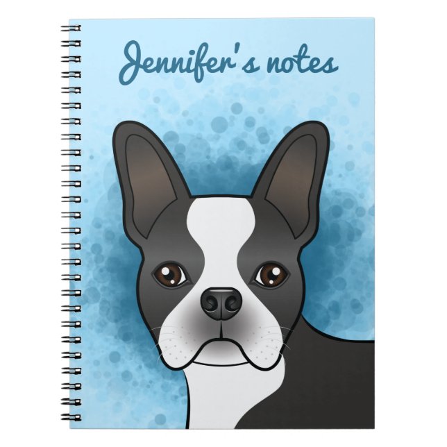 Black And White Boston Terrier Cartoon Dog On Blue Notebook (Front)