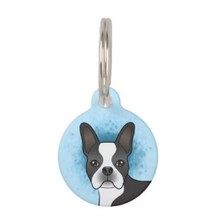 Black And White Boston Terrier Cartoon Dog On Blue Pet Tag