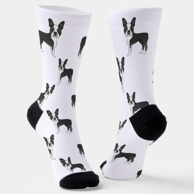 Black And White Boston Terrier Cartoon Dog Pattern Socks (Angled)