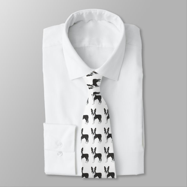 Black And White Boston Terrier Cartoon Dog Pattern Tie (Tied)