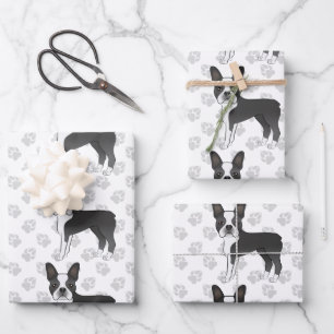 Black And White Boston Terrier Cartoon Dog Pattern Wrapping Paper Sheet