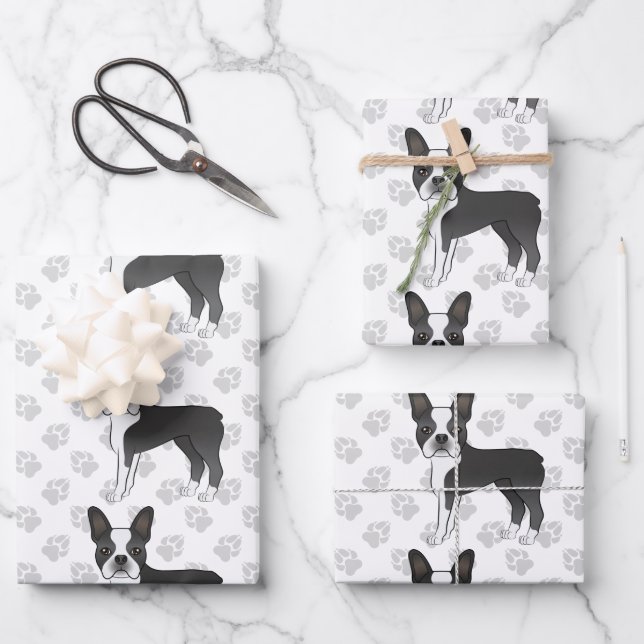 Black And White Boston Terrier Cartoon Dog Pattern Wrapping Paper Sheet (Front)