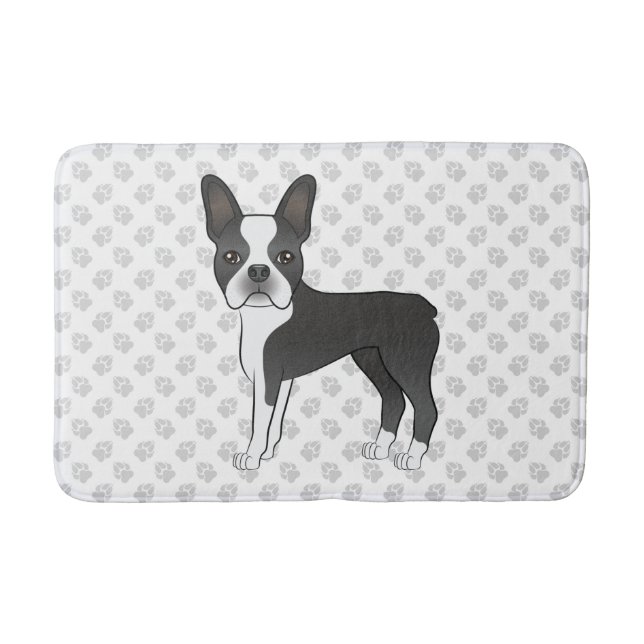 Black And White Boston Terrier Cartoon Dog & Paws Bath Mat (Front)