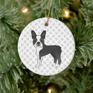 Black And White Boston Terrier Cartoon Dog & Paws Ceramic Tree Decoration