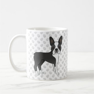 Black And White Boston Terrier Cartoon Dog & Paws Coffee Mug