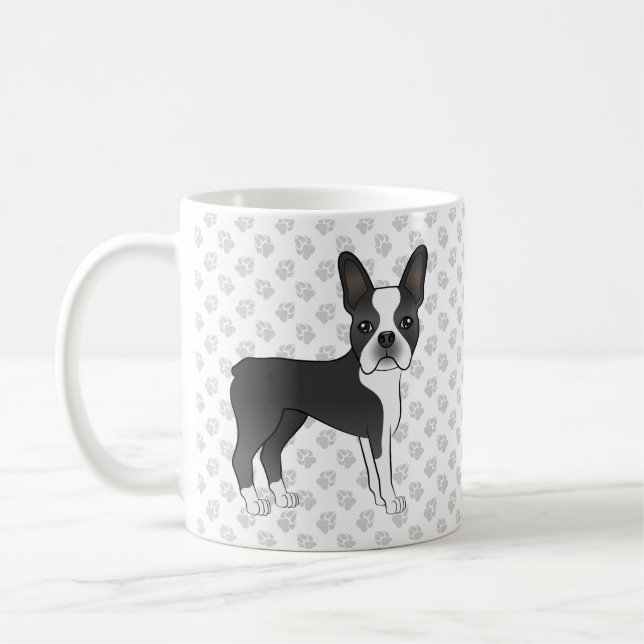 Black And White Boston Terrier Cartoon Dog & Paws Coffee Mug (Left)