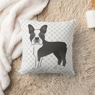 Black And White Boston Terrier Cartoon Dog & Paws Cushion