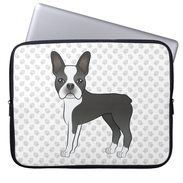 Black And White Boston Terrier Cartoon Dog & Paws Laptop Sleeve (Front)