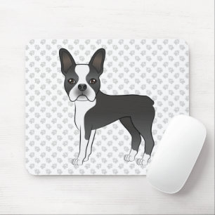 Black And White Boston Terrier Cartoon Dog & Paws Mouse Mat