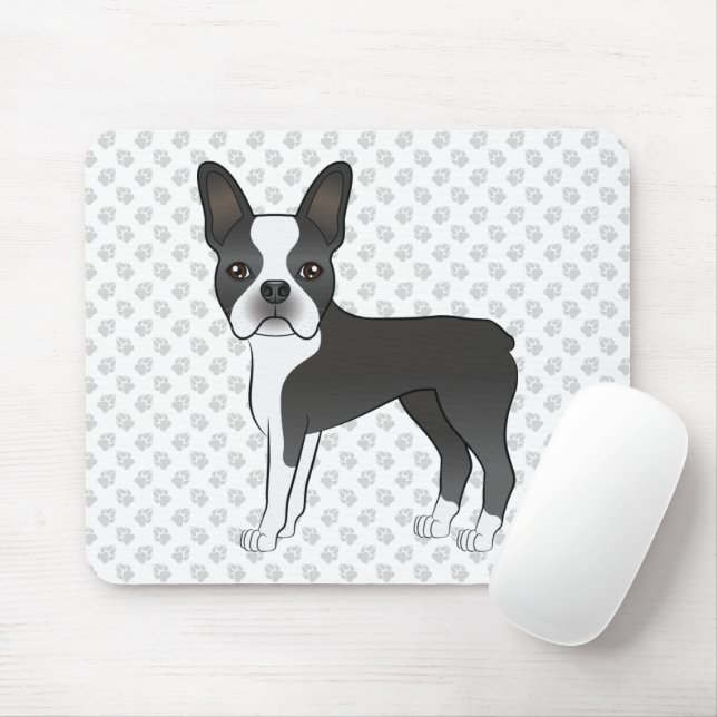 Black And White Boston Terrier Cartoon Dog & Paws Mouse Mat (With Mouse)
