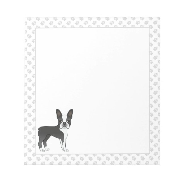 Black And White Boston Terrier Cartoon Dog & Paws  Notepad (Front)