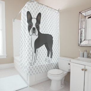 Black And White Boston Terrier Cartoon Dog & Paws Shower Curtain