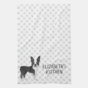 Black And White Boston Terrier Cartoon Dog & Text Tea Towel