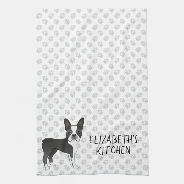 Black And White Boston Terrier Cartoon Dog & Text Tea Towel (Vertical)