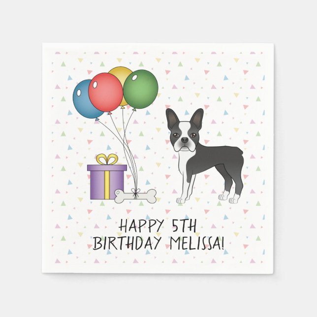 Black And White Boston Terrier Cute Dog - Birthday Napkin (Front)