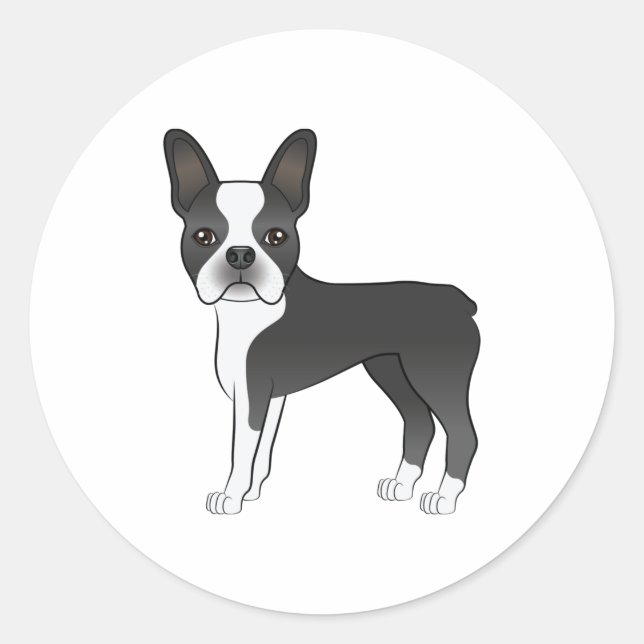 Black And White Boston Terrier Dog Illustration Classic Round Sticker (Front)