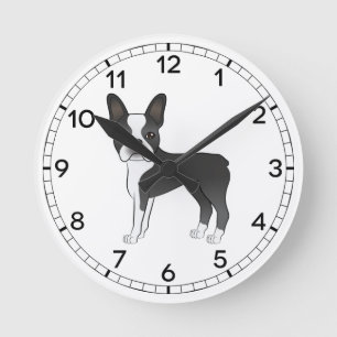 Black And White Boston Terrier Dog Illustration Round Clock