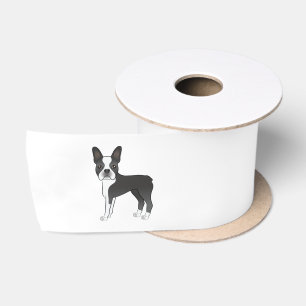 Black And White Boston Terrier Dog Illustration Satin Ribbon