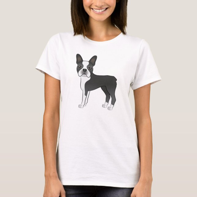Black And White Boston Terrier Dog Illustration T-Shirt (Front)